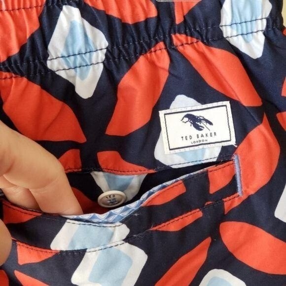 Ted Baker Large Geo Print Swim Shorts Men's Size 3/Medium Navy Blue Red - Picture 5 of 11
